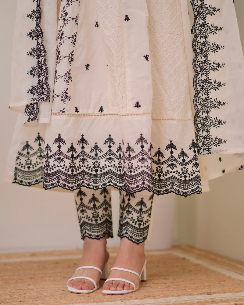 Ivory Black Schiffli Threadwork Pakistani Anarkali Suit