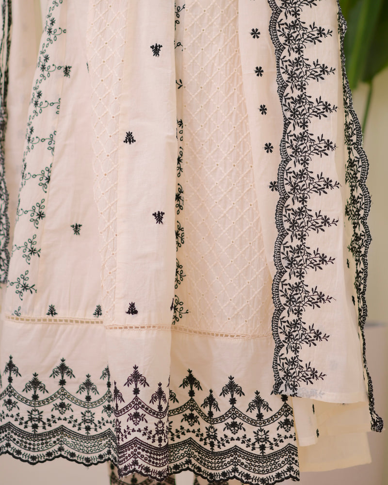 Ivory Black Schiffli Threadwork Pakistani Anarkali Suit
