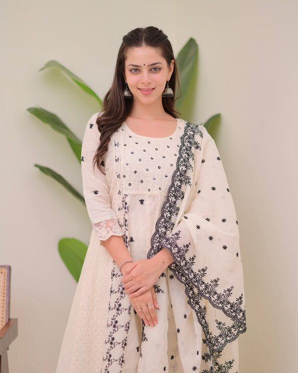 Ivory Black Schiffli Threadwork Pakistani Anarkali Suit