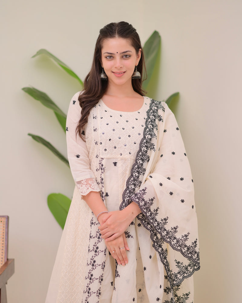 Ivory Black Schiffli Threadwork Pakistani Anarkali Suit