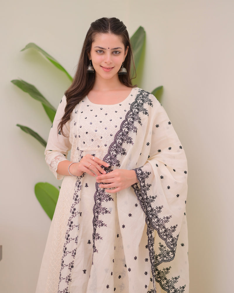 Ivory Black Schiffli Threadwork Pakistani Anarkali Suit