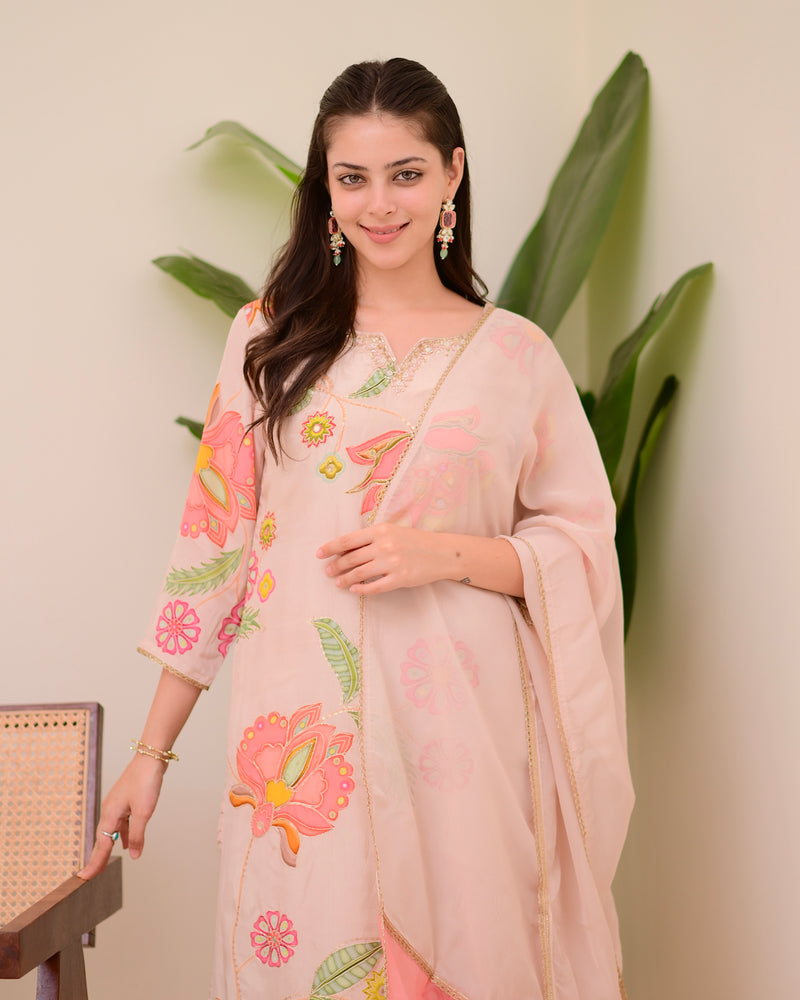 Blush Pink Bloom Handwork Crepe Suit