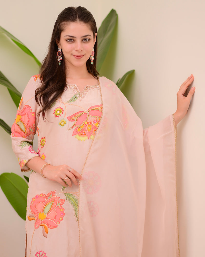 Blush Pink Bloom Handwork Crepe Suit