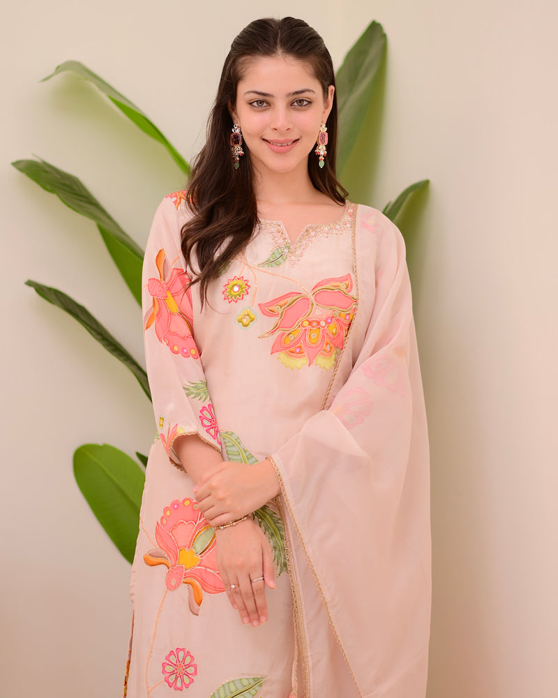 Blush Pink Bloom Handwork Crepe Suit