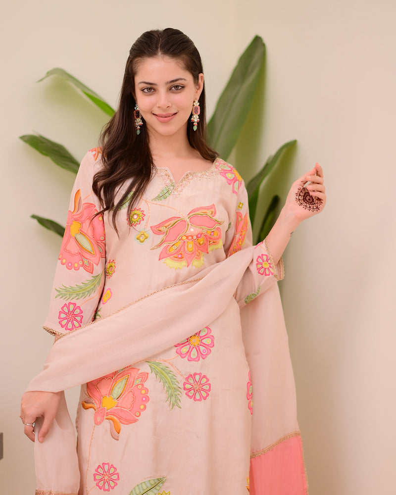 Blush Pink Bloom Handwork Crepe Suit