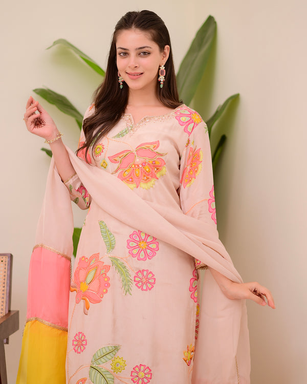 Blush Pink Bloom Handwork Crepe Suit
