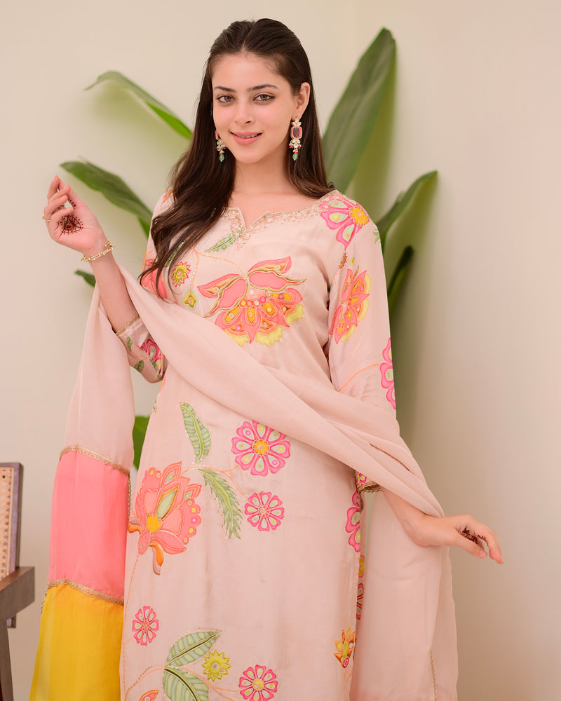 Blush Pink Bloom Handwork Crepe Suit