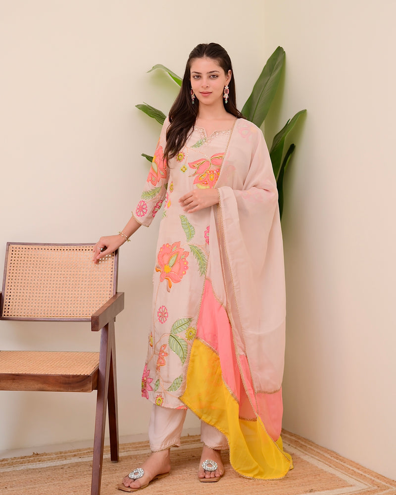 Blush Pink Bloom Handwork Crepe Suit