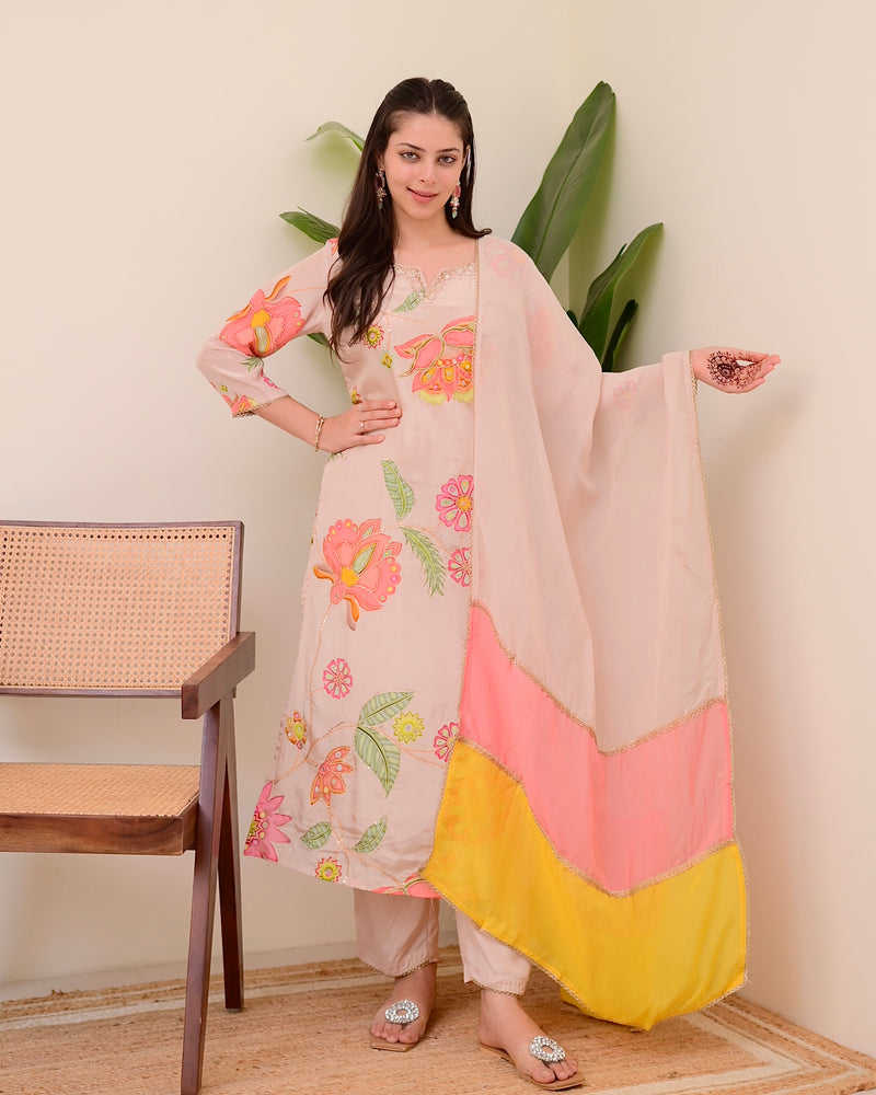 Blush Pink Bloom Handwork Crepe Suit