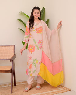 Blush Pink Bloom Handwork Crepe Suit