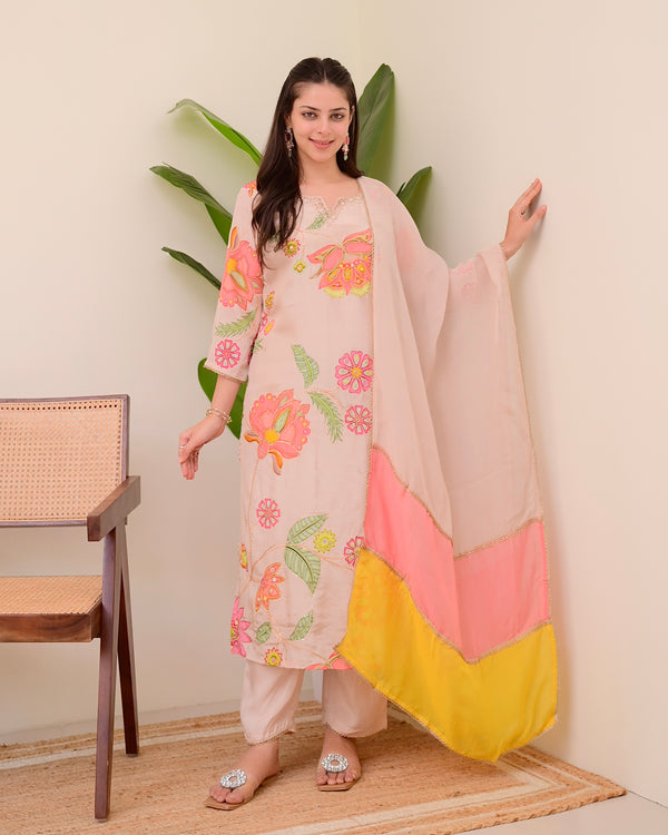 Blush Pink Bloom Handwork Crepe Suit