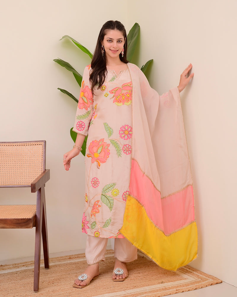 Blush Pink Bloom Handwork Crepe Suit