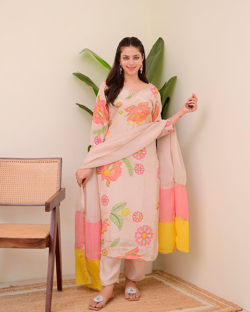 Blush Pink Bloom Handwork Crepe Suit