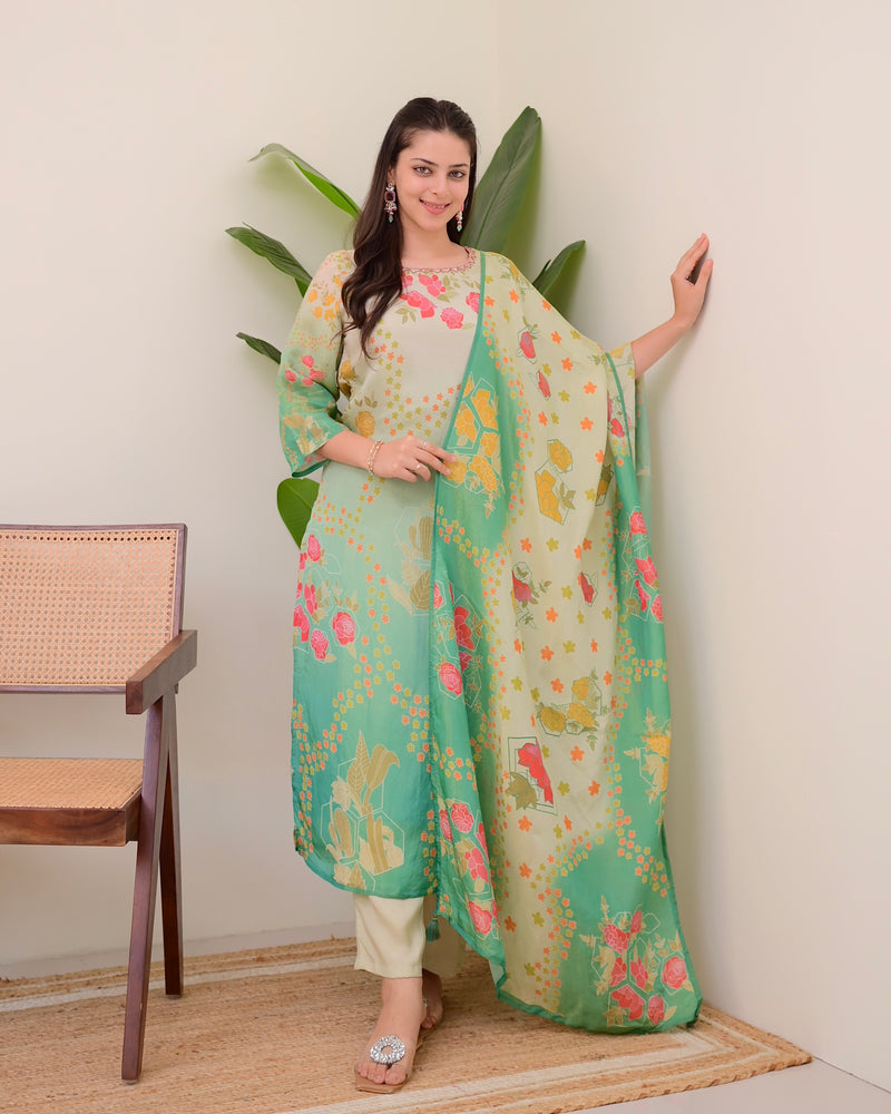 Sea Green Digital Printed Tissue Shimmer Festive Suit
