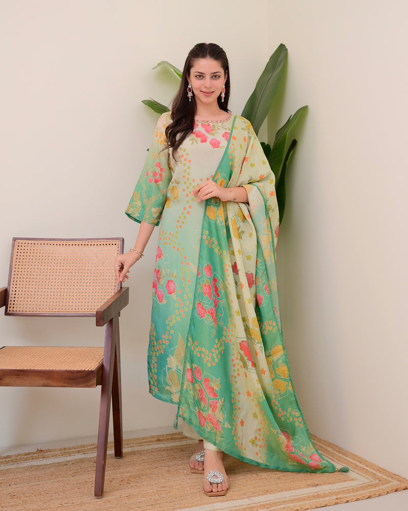 Sea Green Digital Printed Tissue Shimmer Festive Suit