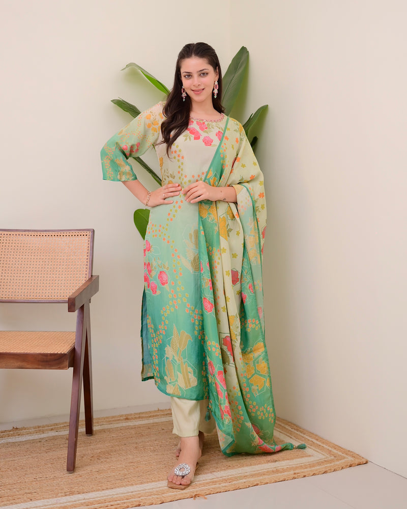 Sea Green Digital Printed Tissue Shimmer Festive Suit