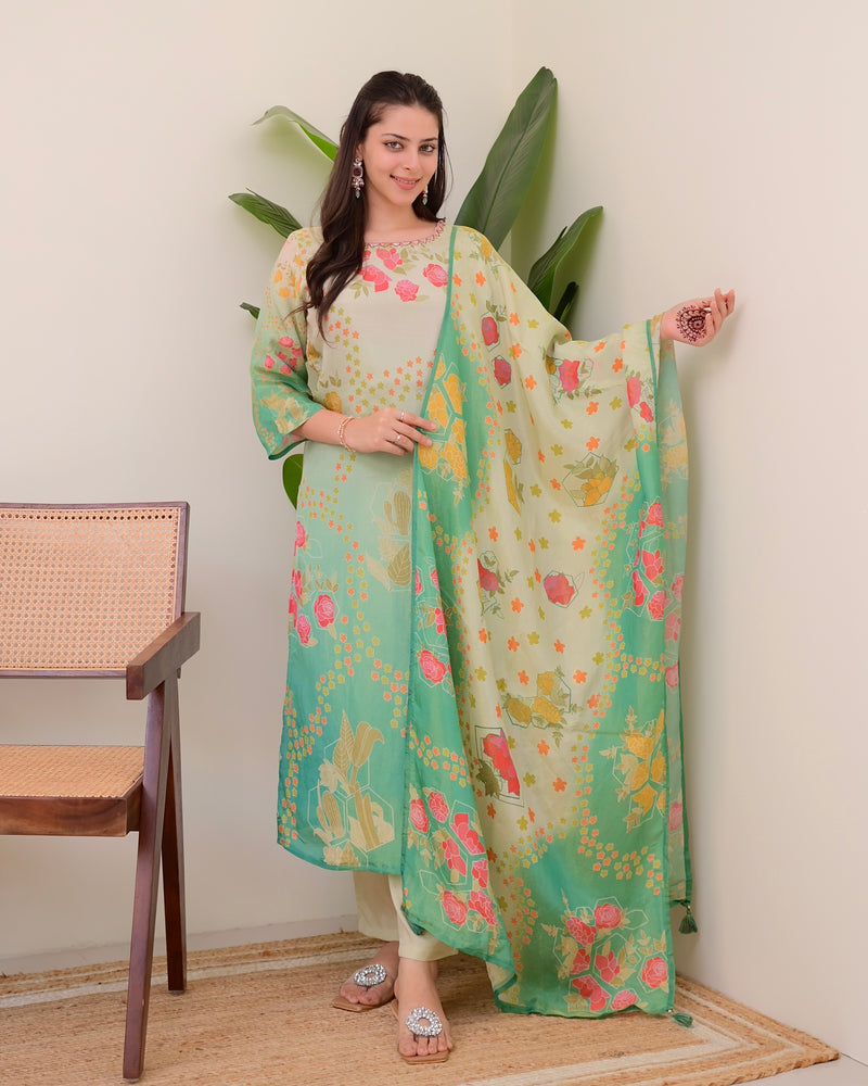 Sea Green Digital Printed Tissue Shimmer Festive Suit