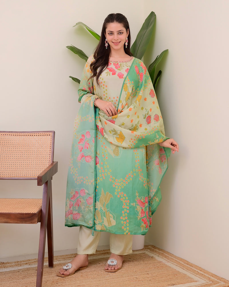Sea Green Digital Printed Tissue Shimmer Festive Suit