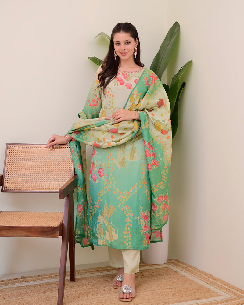 Sea Green Digital Printed Tissue Shimmer Festive Suit