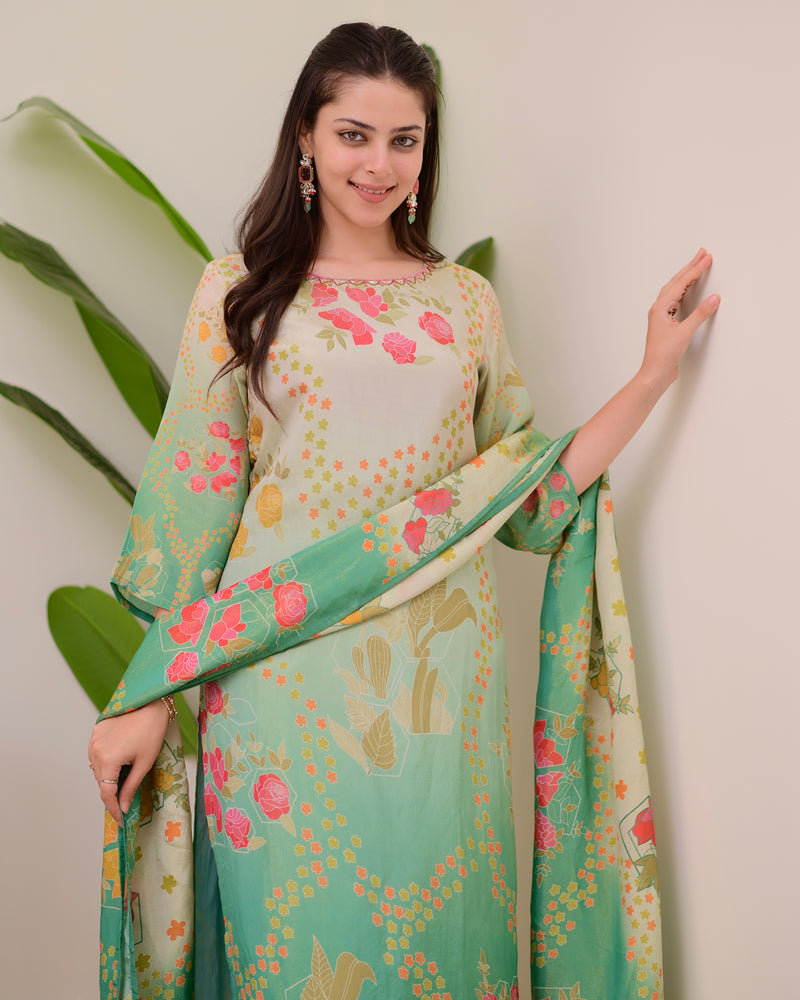 Sea Green Digital Printed Tissue Shimmer Festive Suit