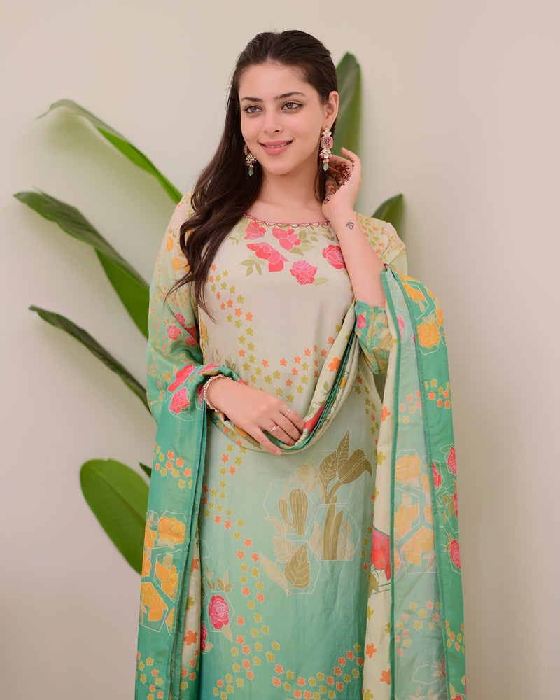 Sea Green Digital Printed Tissue Shimmer Festive Suit