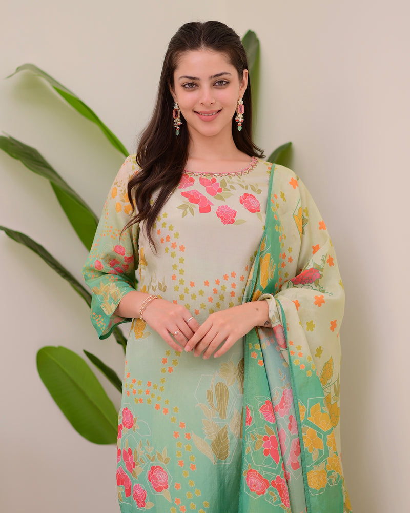 Sea Green Digital Printed Tissue Shimmer Festive Suit