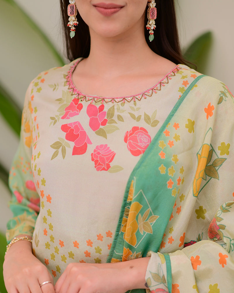 Sea Green Digital Printed Tissue Shimmer Festive Suit