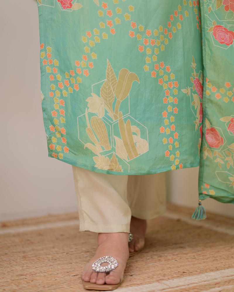 Sea Green Digital Printed Tissue Shimmer Festive Suit