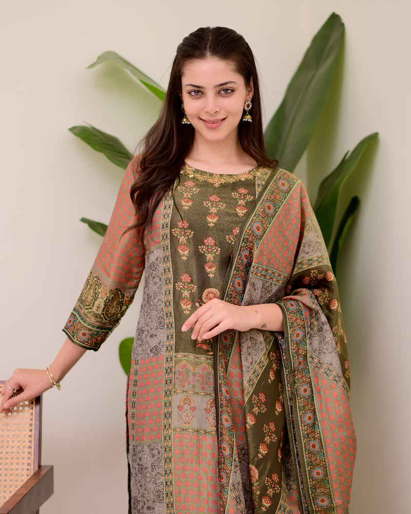 Brown Digital Printed Tissue Shimmer Festive Suit