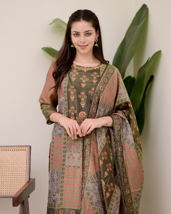Brown Digital Printed Tissue Shimmer Festive Suit