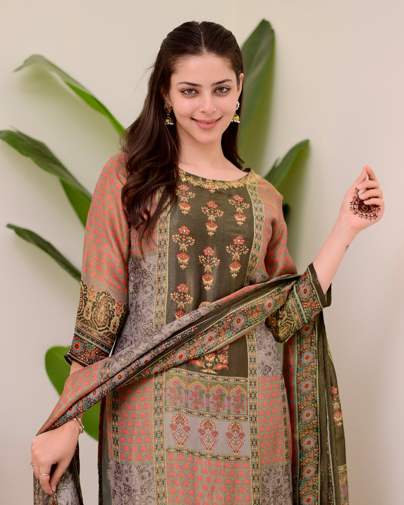 Brown Digital Printed Tissue Shimmer Festive Suit