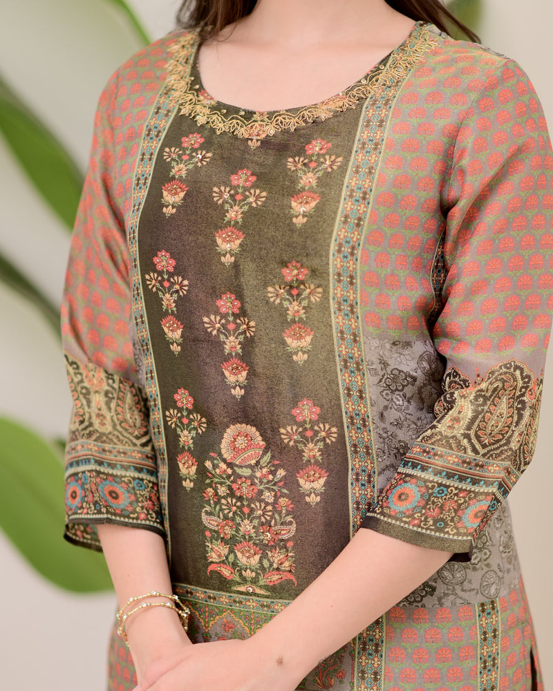 Brown Digital Printed Tissue Shimmer Festive Suit