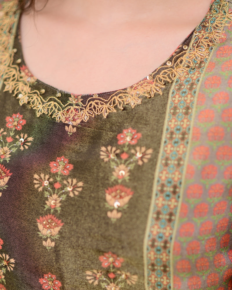 Brown Digital Printed Tissue Shimmer Festive Suit