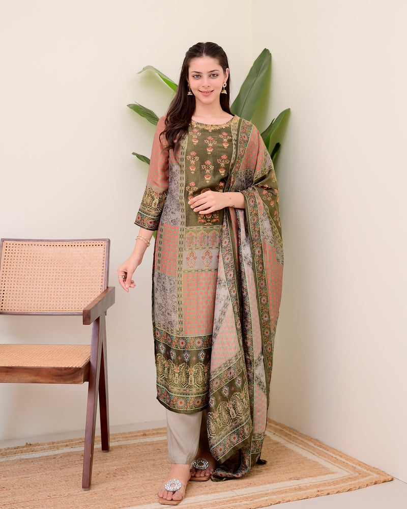 Brown Digital Printed Tissue Shimmer Festive Suit