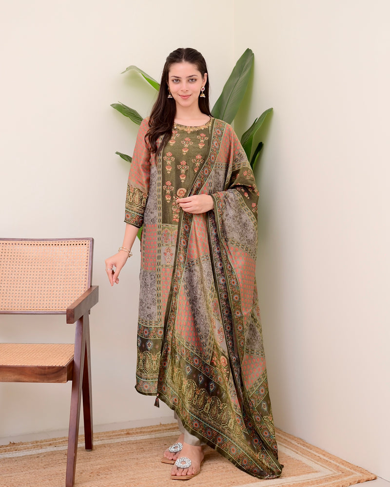 Brown Digital Printed Tissue Shimmer Festive Suit