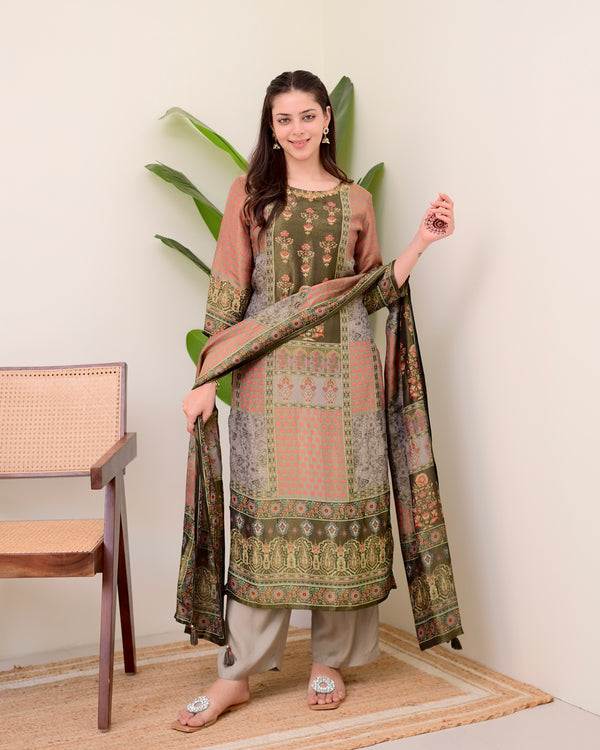 Brown Digital Printed Tissue Shimmer Festive Suit