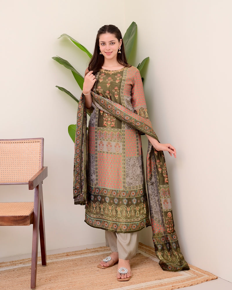 Brown Digital Printed Tissue Shimmer Festive Suit