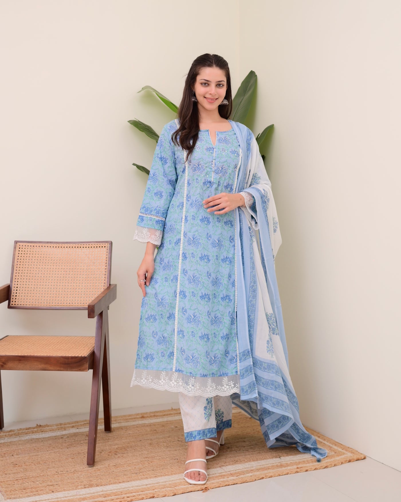 Blue Floral Pakistani Lace A Line Premium Cotton Suit