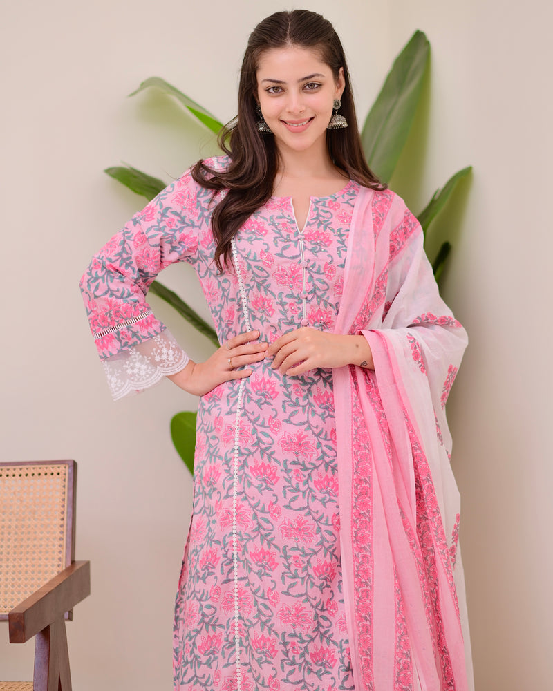 Pink Floral Pakistani Lace A Line Premium Cotton Suit