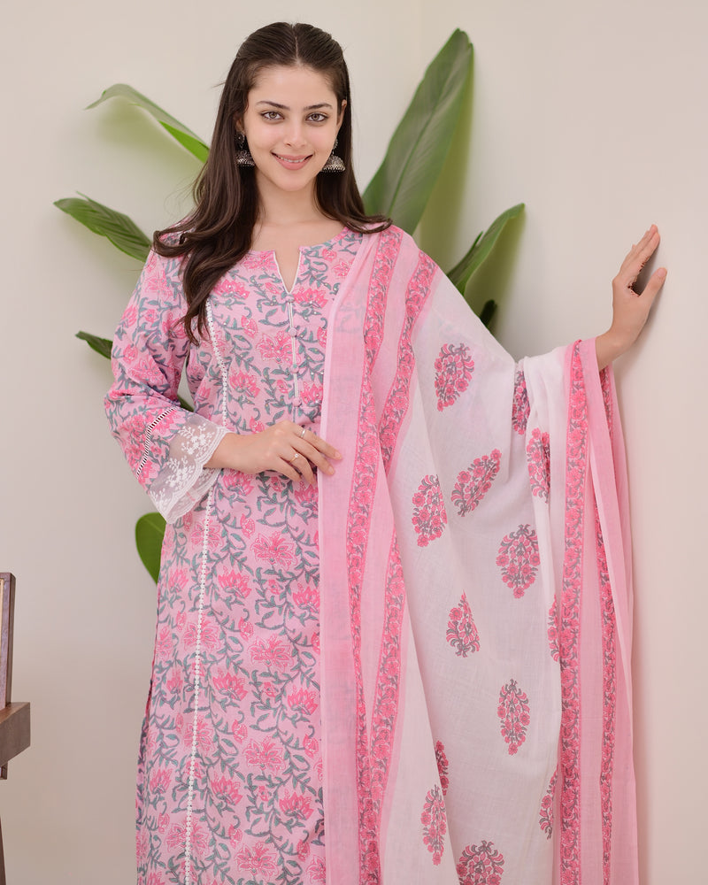 Pink Floral Pakistani Lace A Line Premium Cotton Suit