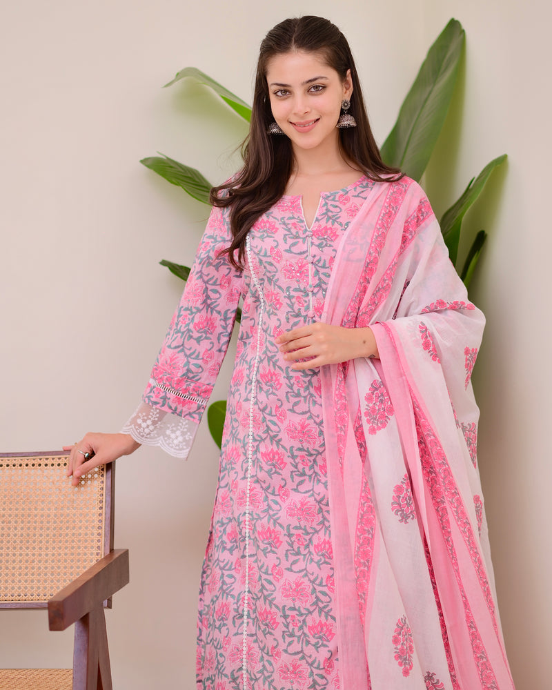 Pink Floral Pakistani Lace A Line Premium Cotton Suit