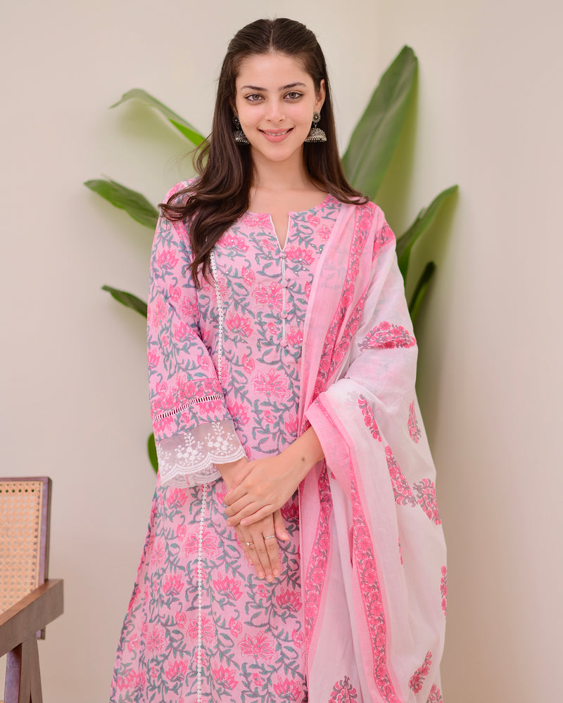 Pink Floral Pakistani Lace A Line Premium Cotton Suit