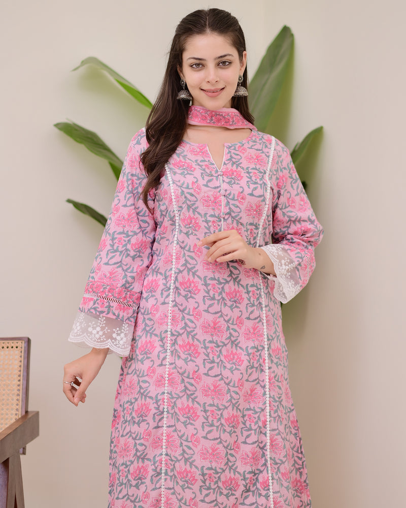 Pink Floral Pakistani Lace A Line Premium Cotton Suit