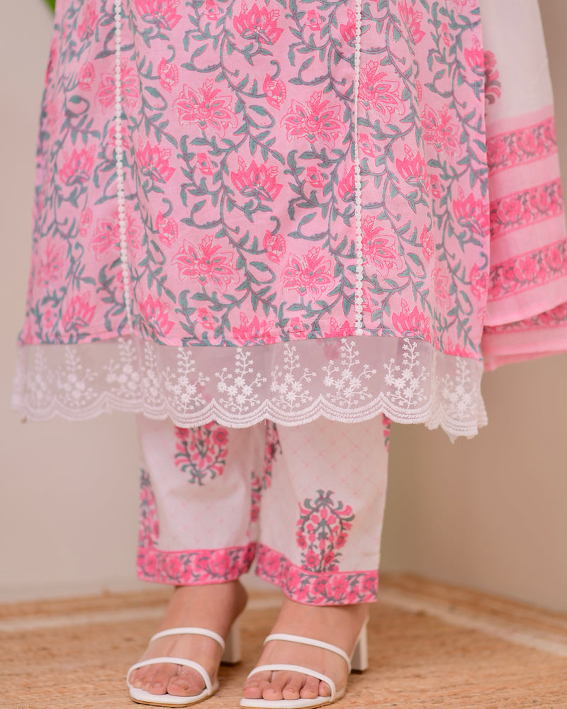 Pink Floral Pakistani Lace A Line Premium Cotton Suit