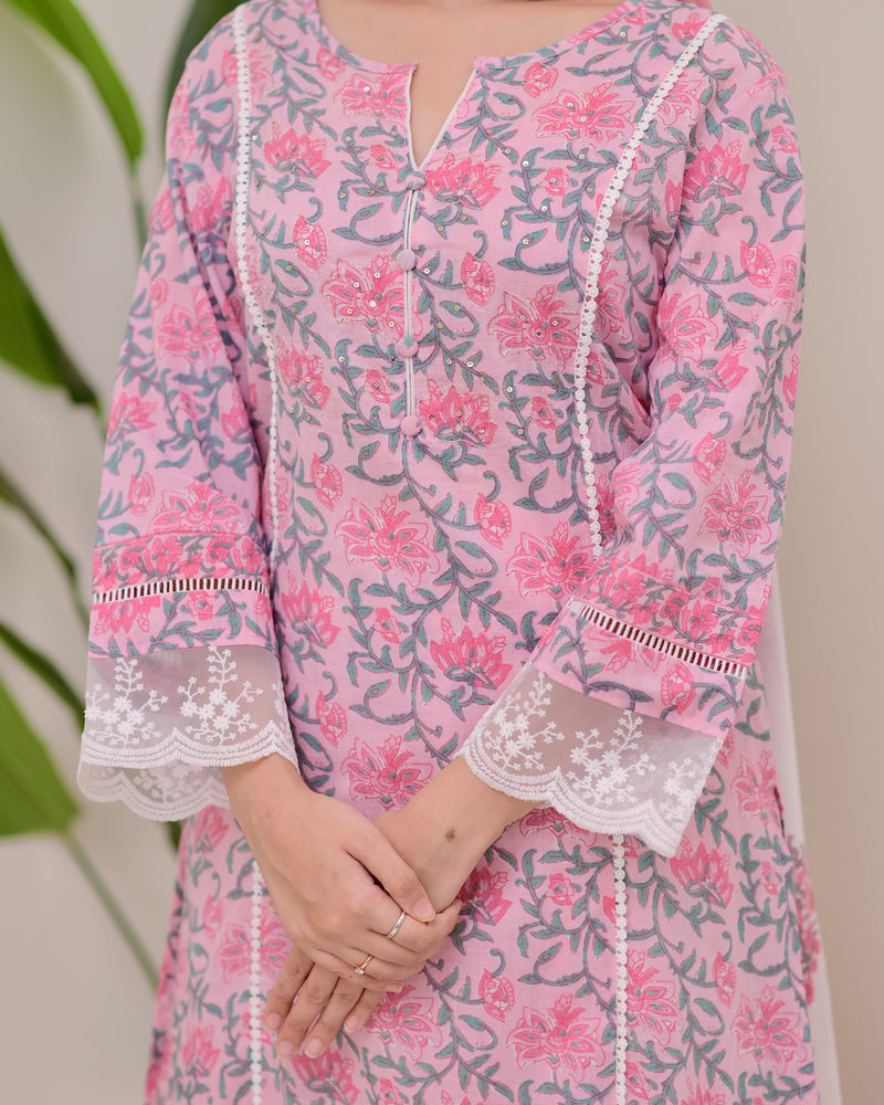 Pink Floral Pakistani Lace A Line Premium Cotton Suit