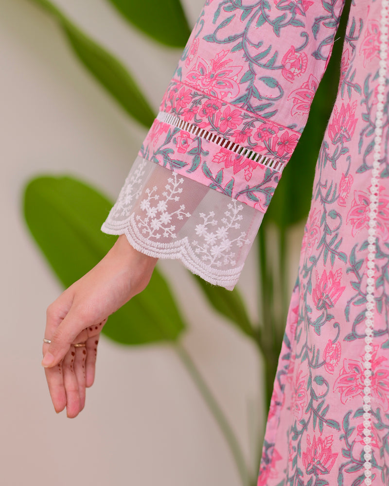 Pink Floral Pakistani Lace A Line Premium Cotton Suit