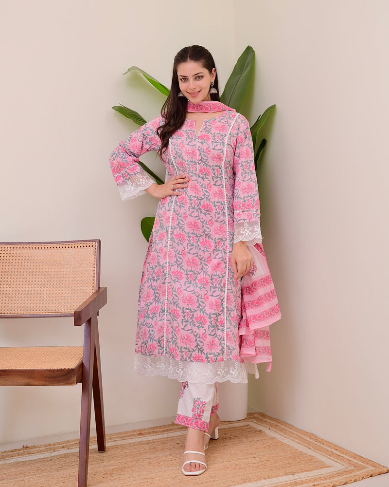 Pink 3 PC Floral Print Pakistani Lace Pure Cotton Suit Set For Women Label Madhuri Thakkar Pink 3 PC Floral Print Pakistani Lace Pure Cotton Suit Set For Women Label Madhuri Thakkar