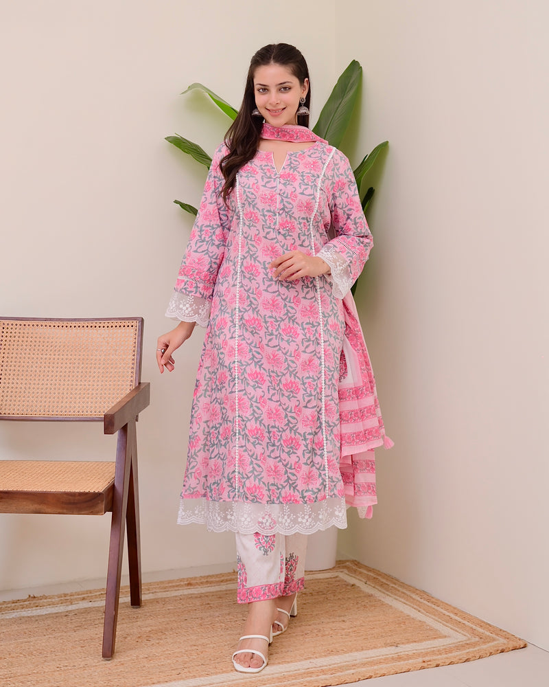 Pink Floral Pakistani Lace A Line Premium Cotton Suit
