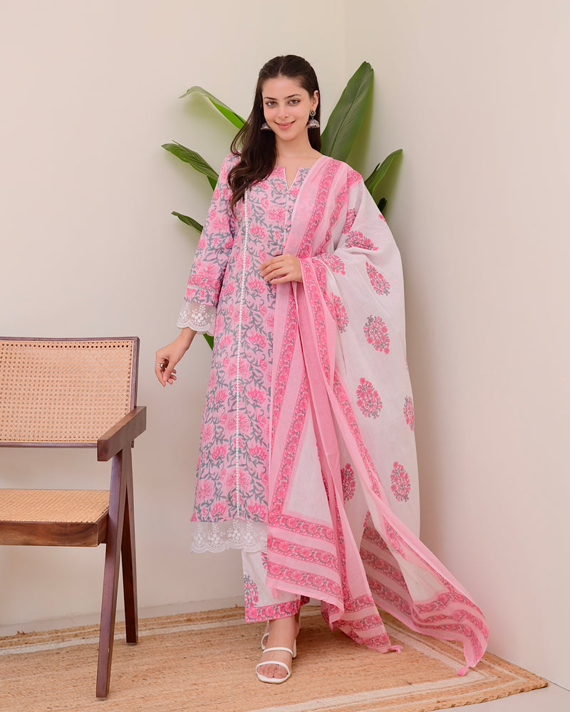 Pink Floral Pakistani Lace A Line Premium Cotton Suit