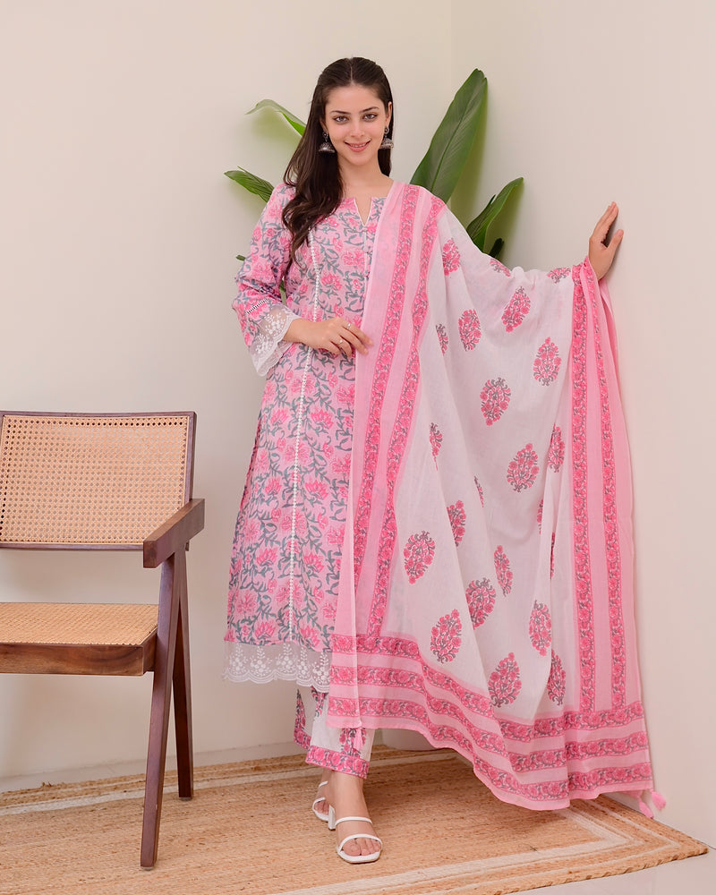 Pink Floral Pakistani Lace A Line Premium Cotton Suit